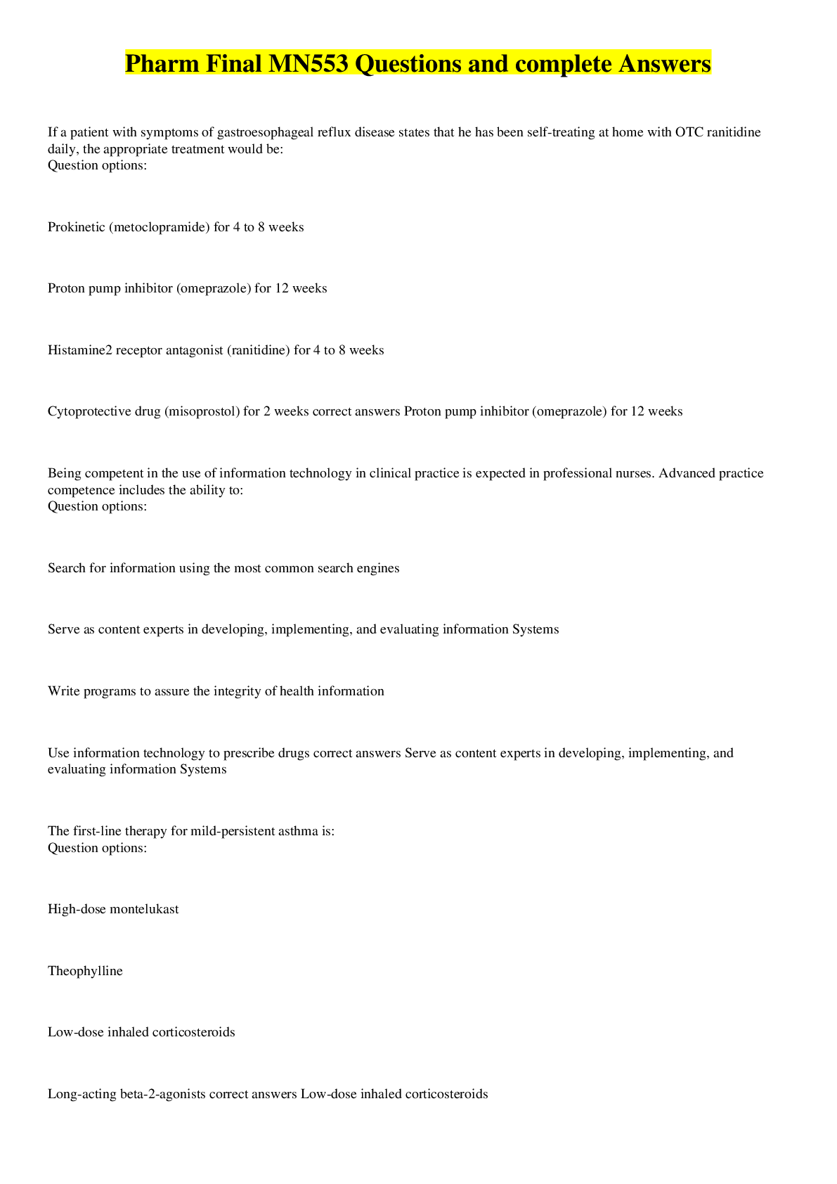Preview image for Pharm Final MN553 Questions and complete Answers